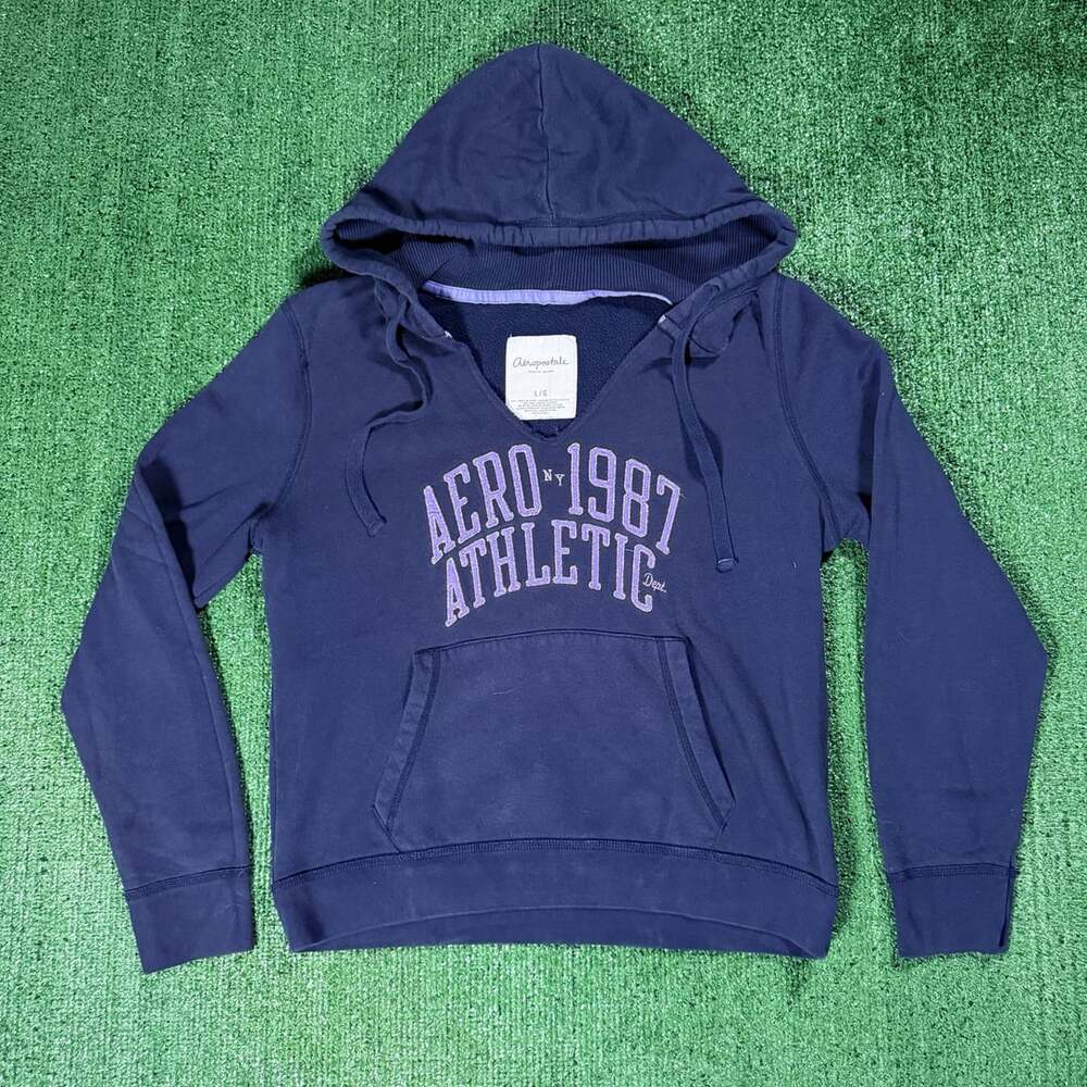 Y2K Womens Aeropostale Hoodie Size Large Navy Blue Aero 1987 Athletic V-Neck